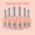 Six bottles of Italian Prosecco DOC Rosé arranged side by side with the text 'THE ROSÉ BUBBLES' beneath them.