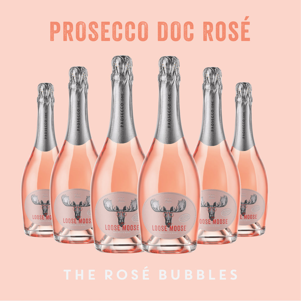 Six bottles of Italian Prosecco DOC Rosé arranged side by side with the text 'THE ROSÉ BUBBLES' beneath them.