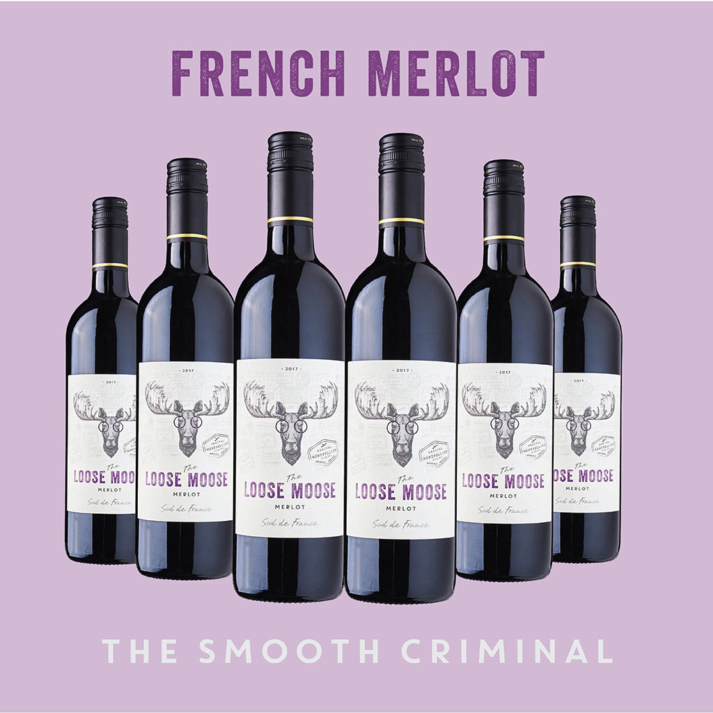 Six bottles of Sud de France Merlot wine arranged side by side with the text 'FRENCH MERLOT' above and 'THE SMOOTHCRIMINAL' below. Each bottle has a label with an animal illustration and the brand name 'SOUTH OF FRANCE'.